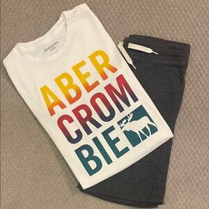 Abercrombie & Fitch White Tee with Multicolor Logo and gray Old Navy Shorts